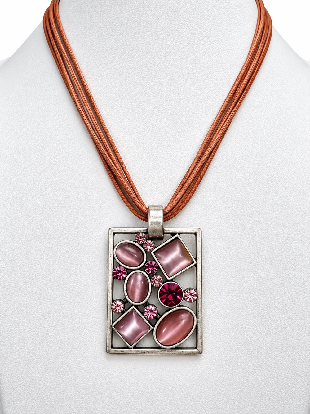 Lia Sophia Cord Necklace with Pink Multi-Stone Rectangle Pendant